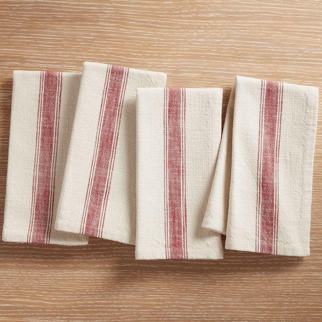French Striped Organic Cotton Napkins, Set of 4 - Red/Flax