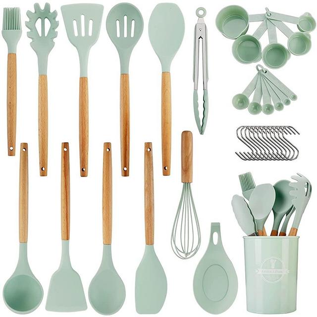 QMVESS Silicone Cooking Kitchen Utensils Set 35 PCS Non-Stick Cookware Heat Resistance Kitchen Gadgets Turner Tongs Spatula Spoon Kitchen Gadgets Wooden Handle (Light Green)