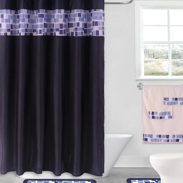 15pc NAVY BLUE MOSAIC Bathroom Set Printed Banded Rubber Backing Rug Bath Mats With Fabric Shower Curtain and Fabric-Covered Shower Hooks