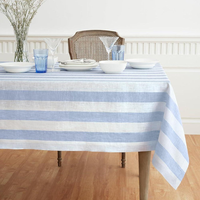 Solino Home Linen Tablecloth 60 x 90 Inch - Cabana Stripe 100% Pure Linen Sky Blue and White Table Cloth for Rectangle Tables - Machine Washable Tablecloth for Christmas, New Year