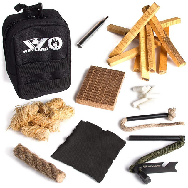 WEYLAND Fire Starter Kit - Waterproof Emergency Survival Fire Starting Kit, Magnesium Flint Fire Starter Ferro Rod, Fire Starter Rope Tinder Reuseable Match, Fat Rope Stick, Fatwood Sticks n MOLLE Bag