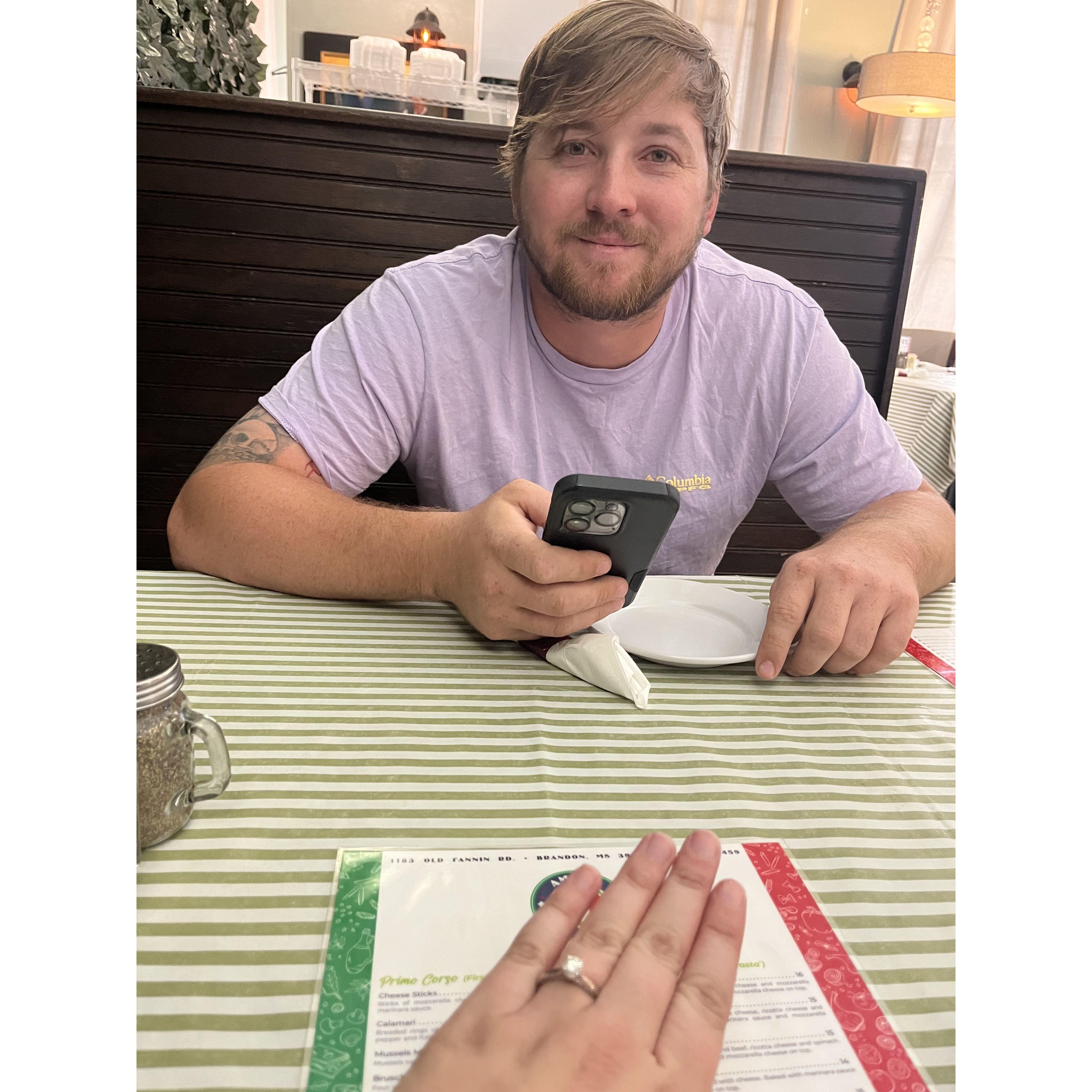 Engagement celebration dinner... first time getting to "flash" the ring!