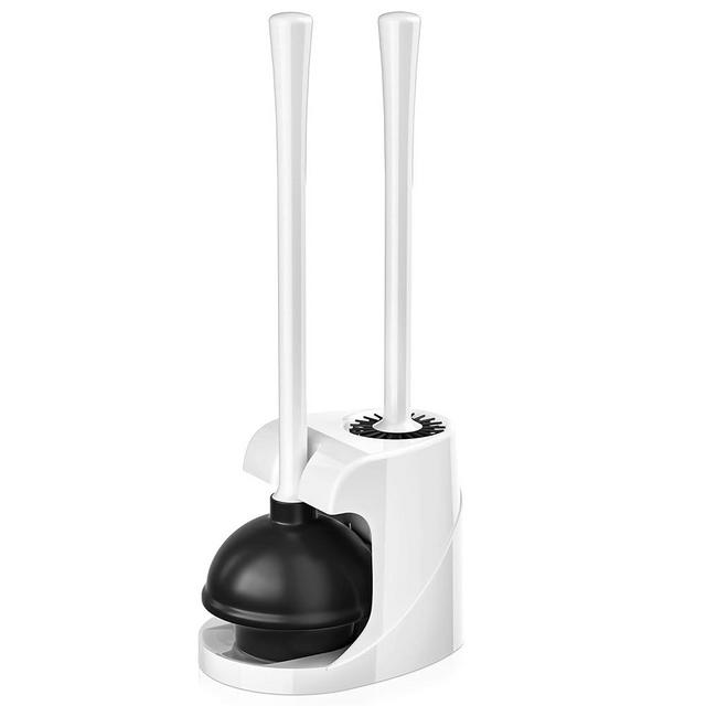 Toilet Plunger and Brush, Silicone Toilet Brush and Heavy Duty Toilet Plunger Set with Ventilated Holder, 2-in-1 Bathroom Cleaning Combo with Caddy Stand (White)