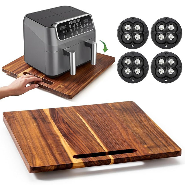 Junkin Acacia Wood Appliance Slider for Kitchen Appliances 360° Sliding Tray for Coffee Maker Rolling Tray 14 x 13" Coffee Pot Slider Trays Kitchen Countertop Appliance Rolling Trays with Wheels