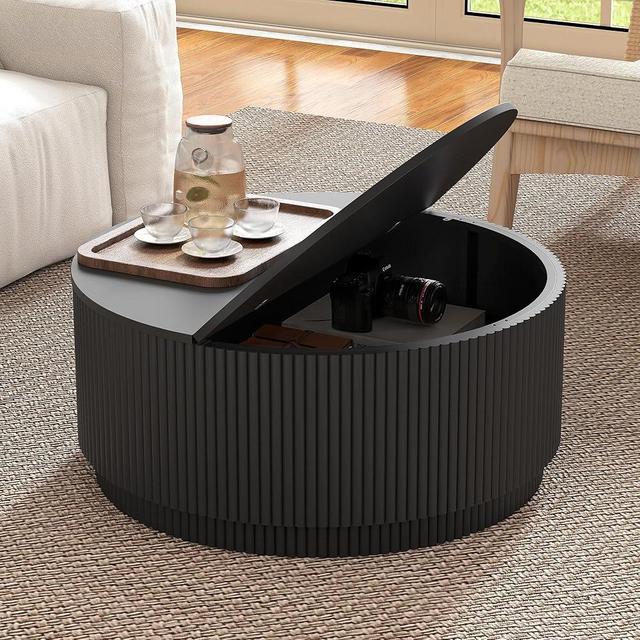31.5" Round Coffee Table with Storage, Modern Accent Coffee Tables with Fluted Base, Wooden Circle Center Table for Living Room Small Space Apartment Office (Black)