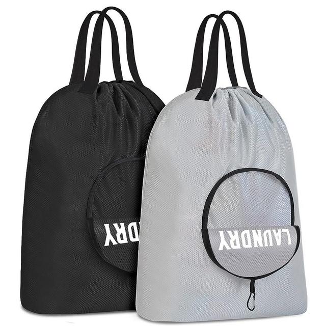 2 Pcs Travel Laundry Bag, Dirty Clothes Bag for Traveling with Handles and Carabiner Collapsible Laundry Bag for Travel, Camp, Fitness, and Students (Black+Light Grey)