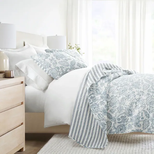 Geometric and Floral Modern Reversible Quilt and Shams Set - Becky Cameron, Jacobean Stripe / Dusk Blue, Twin/Twin Extra Long