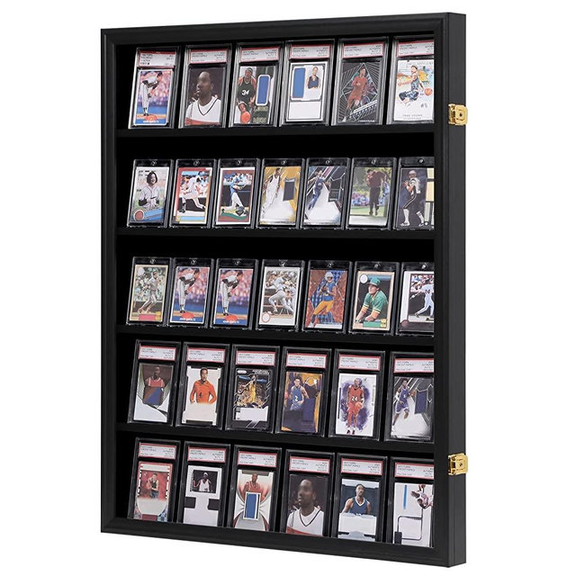VERANI Baseball Card Display Case - 35 Graded Sports Card Display Frame - Holds Sport Cards with UV Protection Clear View Lockable Wall Cabinet for Football Basketball Hockey Trading Card Large Black