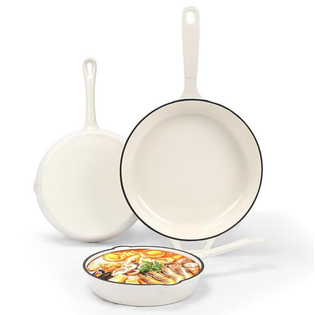 Nonstick Enameled Cast Iron Cookware - 3 enameled cast iron skillet 8-Inch, 9.5" Frying Pan & 11-Inch Large Cookware, Healthy Non Toxic Cooking Pan, PFOA PFAS PTFE Free, White