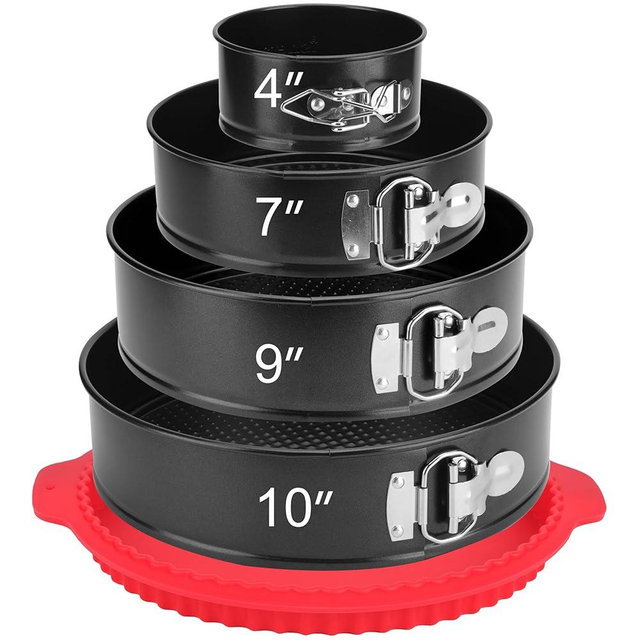 isheTao Springform Pan Set of 4, 4/7/9/10inch Cake Pans with Leakproof Silicone Protector, Non-Stick Leak-Proof with Removable Bottom, Cheesecake Pan for Baking, Black