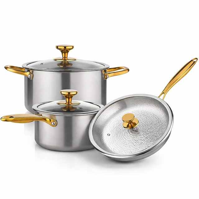 100% Pure Titanium Cookware Set | 7.68in Milk Pan + 10.04in Stock Pot + 10.04in Hammered Fry Pan | Induction & Gas Compatible | Easy Clean | Oven & Dishwasher Safe (Milk Pan + Stock Pot + Fry Pan)