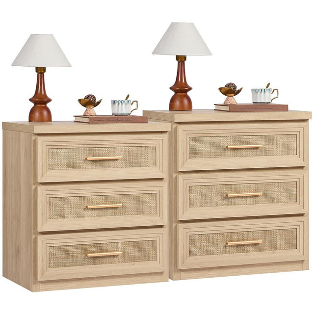 RWYHG Rattan Night Stand Set of 2 with 3 Drawer 26" Fluted Wooden Tall Nightstand Metal Handle for Bedroom Living Room Bedside Table Modern Style Furniture Natural