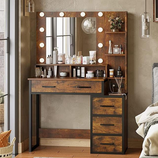 Tiptiper Vintage Makeup Vanity with Lights in 3 Colors, Vanity Table with Charging Station of 2 USB Ports and Outlets, Vanity Desk with Large Mirror, Drawers and Shelves, Rustic Brown and Black
