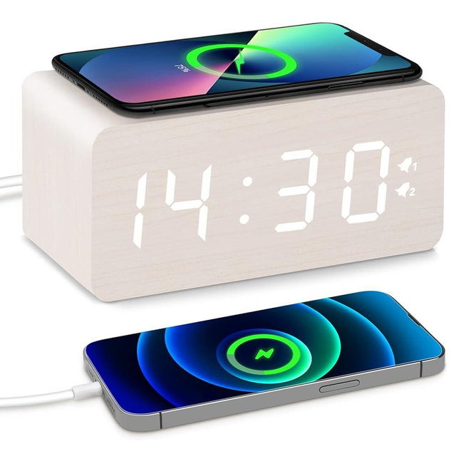 URAYCO Wooden Digital Alarm Clock, 10W Fast Wireless Charger Station & USB Charging Port, with Stepless Dimmer, Dual Alarm, Weekday/Weekend Mode, Wood LED Clock for Bedroom, Desk, Office