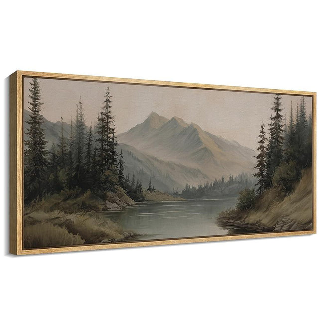 SIGNFORD Extra Large Framed Canvas Print Wall Art Mountain Forest Landscape Misty Pine Trees and Lake Scene Illustrations Modern Art Relax/Calm Warm for Living Room, Bedroom, Office - 60"x30"