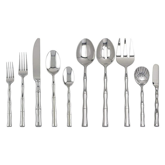 Supreme 45-Piece 18/8 Stainless Steel Bamboo Flatware Set, Service for 8, Include Knives/Forks/Spoons/Teaspoons/Salad Forks/Serving Fork/Serving Spoon/Butter Knife/Sugar Shell, Mirror Polished