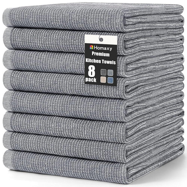 Homaxy Premium Kitchen Towels(18”x 28”, 8 Pack), Large Cotton Kitchen Hand Towels, Flat and Terry Dish Towels, 380 GSM Highly Absorbent Tea Towel Set with Hanging Loop, Grey