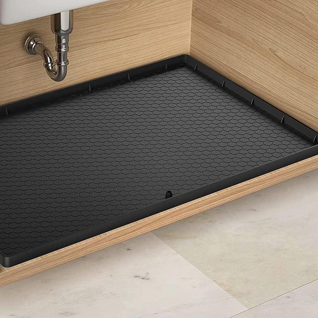 Under Sink Mat - 34" x 22" Waterproof Kitchen Cabinet Mat - Flexible Silicone Under Sink Liner with Drain Hole - Kitchen Bathroom Cabinet Mat and Protector for Drips Leaks Spills (Black)
