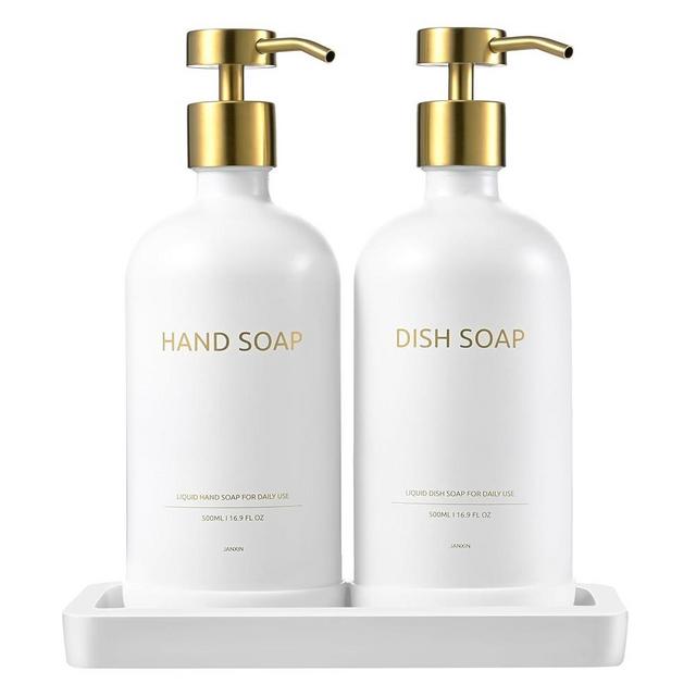 Janxin Glass Soap Dispenser Set with Ceramic Tray, 16.9 floz Hand and Dish Soap Dispenser for Bathroom Decor, White and Gold Kitchen Accessories (White Bottles + Gold Pumps)