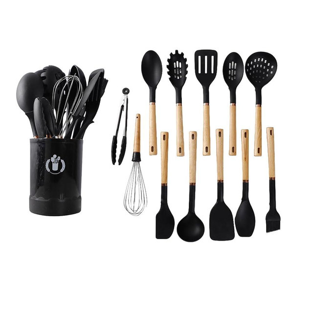 Jiufei Home 13-Piece silicone utensil set wood handle nonstick cookware safe dishwasher safe kitchen tools BPA free heat resistant (450°F/230°C) ceramic pan safe cooking gifts housewarming (Black)