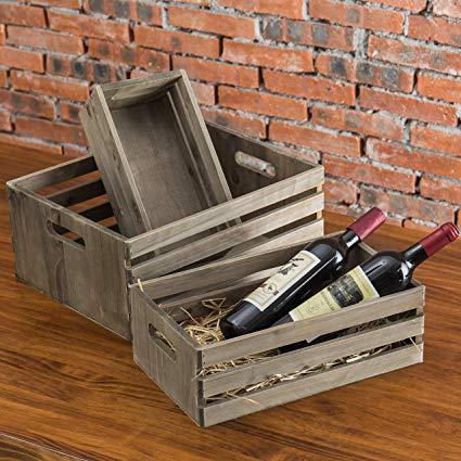 MyGift Set of 3 Nesting Barnwood Gray Storage Crates with Cutout Handles