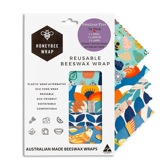 Honeybee Reusable Beeswax Food Wrap | 5 Pack | Handmade in Australia | Eco Friendly, Organic, Biodegradable, Bee's Wrap for Reusable Bowl Covers and Food Storage | Reusable Cling Wrap