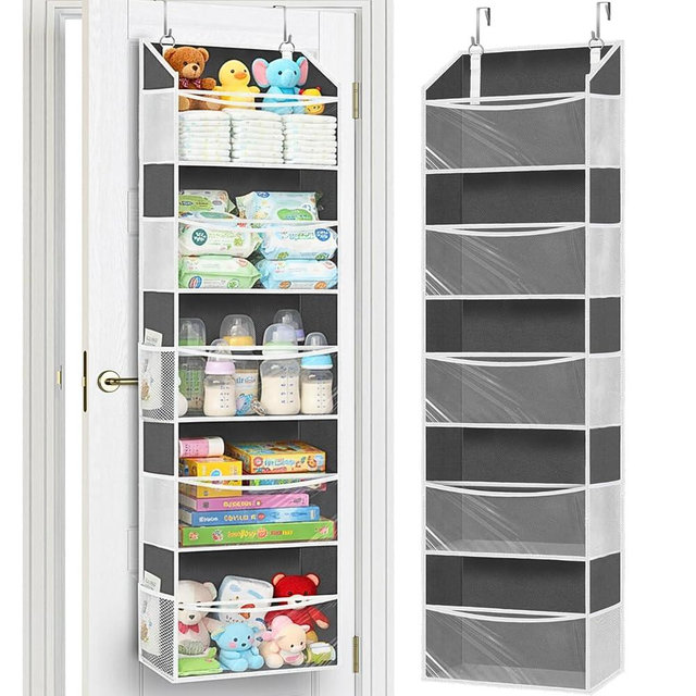 Ofiray-home Over Door Organizer with 5 Large Pockets, 5 Transparent Front Pockets & 10 Mesh Side Pockets, 50 lbs Weight Capacity Hanging Storage for Toys, Shoes, Diapers, Pantry – Grey
