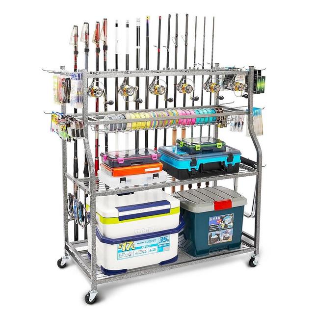 Fishing Pole Holders, Fishing Rod Holders for Garage, PeBro Fishing Rod Holder for Fishing Rod Tackle Box Reel Storage, Premium Fishing Rod Holders for Fishing Gear and Equipment with Hooks and Wheels