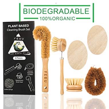 FEBU Zero Waste Bamboo Dish Brush Set | 6 Piece Vegetable Scrubber and Dishwashing Sponge Kit | includes Dish Brush With Handle and Natural Sponge | No Odor, Biodegradable and Reusable Sponges