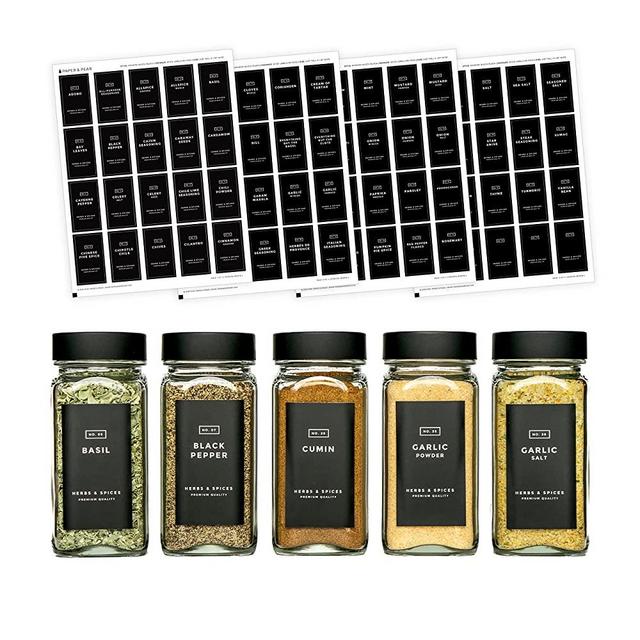Modern-Block Black Spice Labels by Paper & Pear - Water & Oil Resistant Kitchen Pantry Labels - Laminated, Durable, Premium Spice Labels Stickers - 2.25” by 1.25” Spice Jar Labels - Set of 80