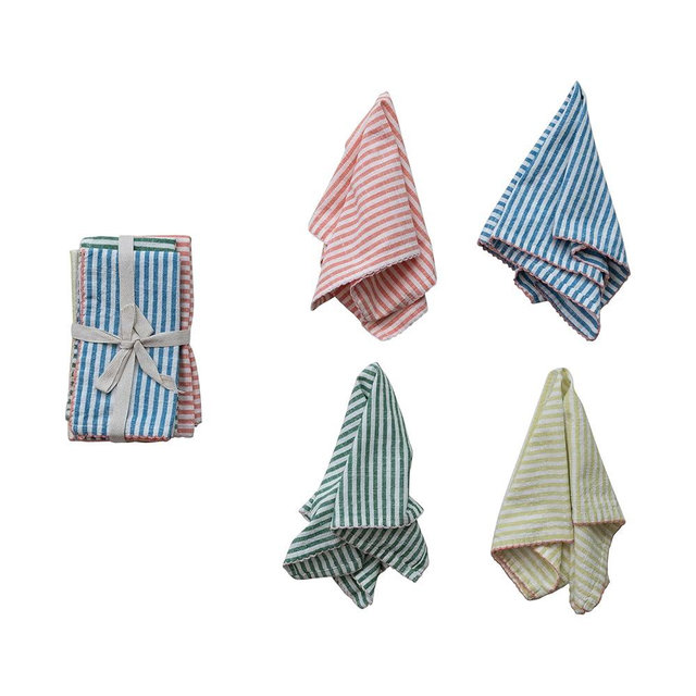 Creative Co-Op 4-Piece Woven Cotton Striped Napkins with Stitched Colored Trim, Multi Color