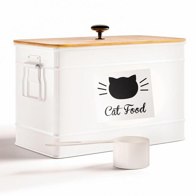 Cat Food Storage Container with Scoop - 15 lb (50 Cup) Capacity Metal Cat Food Container with Airtight Bamboo Lid & Metal Scoop - Airtight Pet Food Storage Containers - 15 lb Treats & Kibble Container