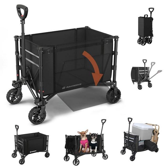 3 in 1 Collapsible Wagon Converts to Bench, 220lbs Foldable Wagon Cart with Wheels, 120L Shopping Cart for Groceries Folding Utility Wagon for Beach, Garden, Camping, Sport, Black