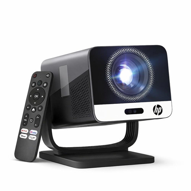 HP MC475 Official Licensed App Native 1080P Full HD Mini Projector with WiFi & Bluetooth, Portable Projector 4K Support, Auto Focus, Short Throw Smart Movie Projector for Outdoor & Bedroom