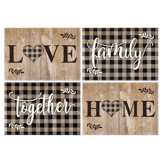 Artoid Mode Wood Love Family Home Together Buffalo Plaid Placemats Set of 4, 12x18 Inch Farmhouse Table Mats Party Kitchen Dining Decoration