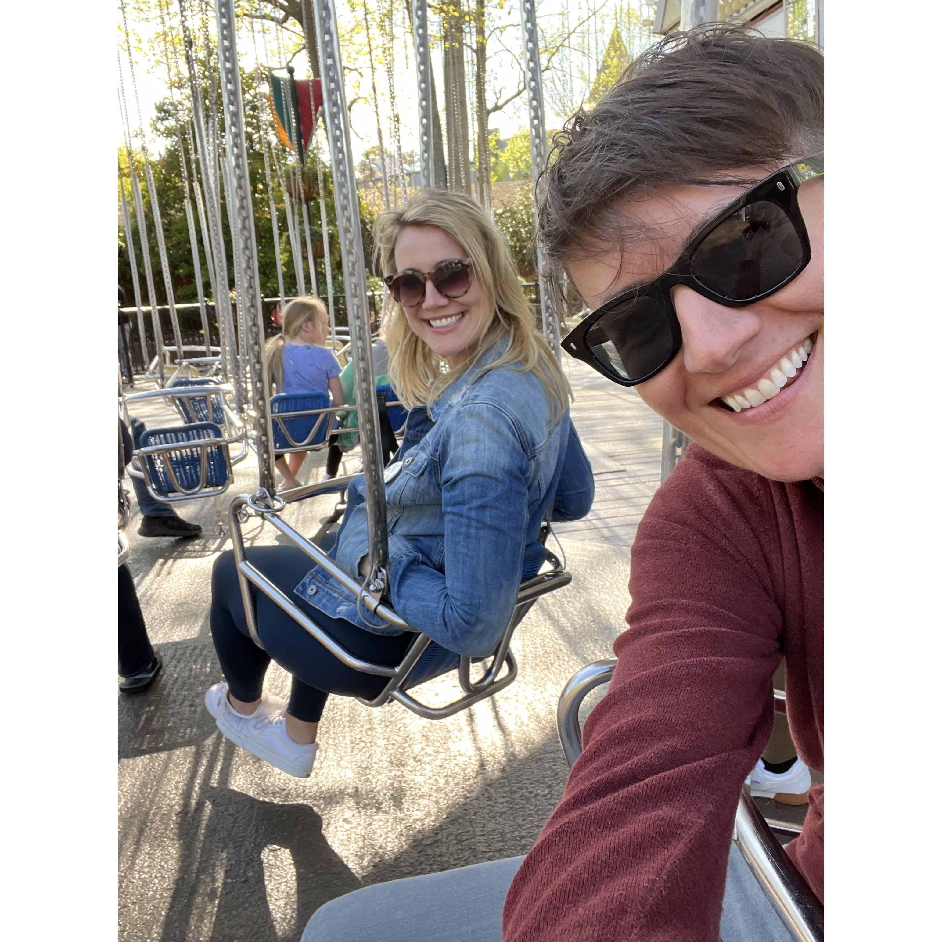 We both love roller coasters! Unfortunately the swings were not working so we never got off the ground here.