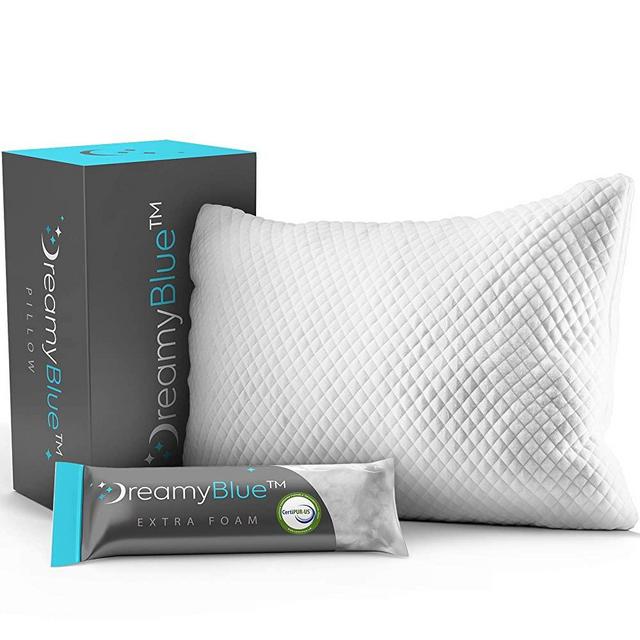 DreamyBlue Premium Pillow for Sleeping - Shredded Memory Foam Fill [Adjustable Loft] Washable Cover from Bamboo Derived Rayon - for Side, Back, Stomach Sleepers - CertiPUR-US Certified (Queen)