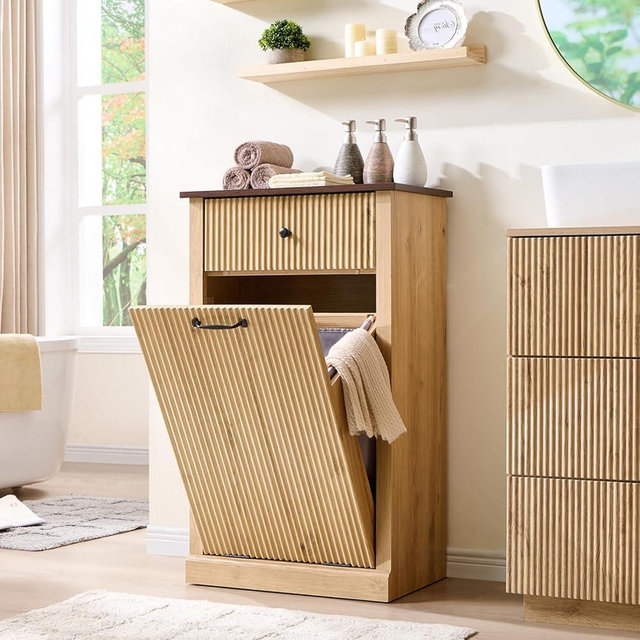 IFBUY Modern Tilt-Out Laundry Hamper Cabinet, 10 Gallon Fluted Trash Can with Drawer, Wooden Hidden Garbage Can with Laundry Basket, Free Standing for Bathroom and Kitchen, Natural Oak