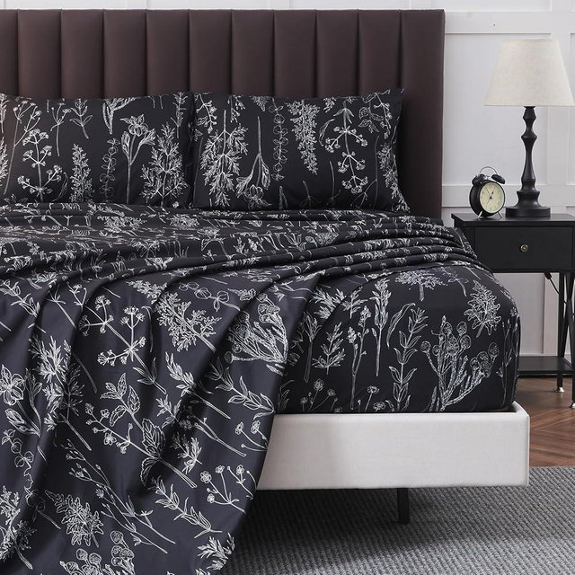 HYPREST Darkgrey Sheets Full,Deep Pocket Sheets, 1800 Thread Count Pattrn Bed Sheets Soft Breathable Cute Printed Boho Farmhouse Bed Sheets, Oeko-Tex Certificated- Up to 18 Inch