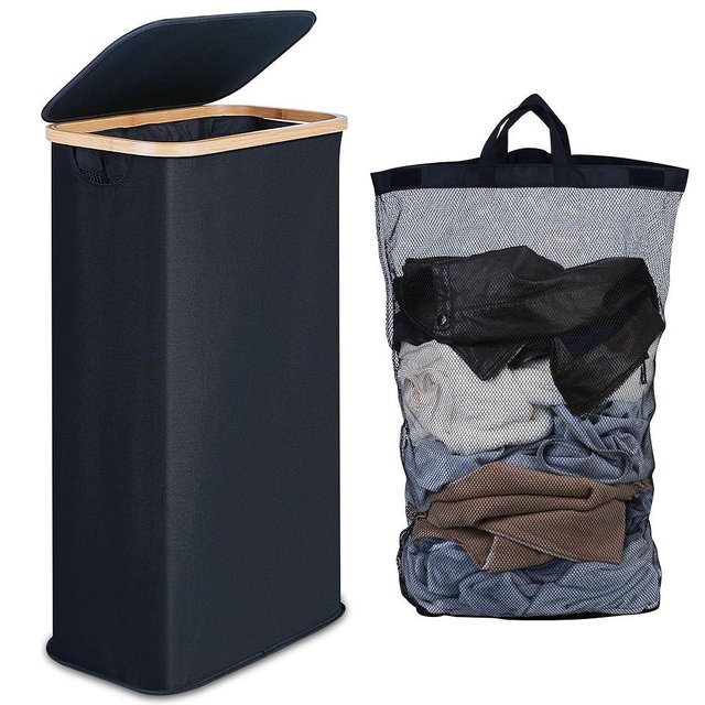 efluky Slim Laundry Basket with Lid, Narrow Laundry Hamper with Removable Bag, Skinny Dirty Clothes Basket with Bamboo Handles for Bathroom, Bedroom & Laundry Room, 63L Black