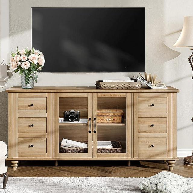 WAMPAT Glass Door Farmhouse TV Stand for TVs Up to 75 inch, Wood Universal TV Console Table with 4 Storage Cabinets, Entertainment Center for 32-75 inch TV Console Cabinet, 58'',Oak