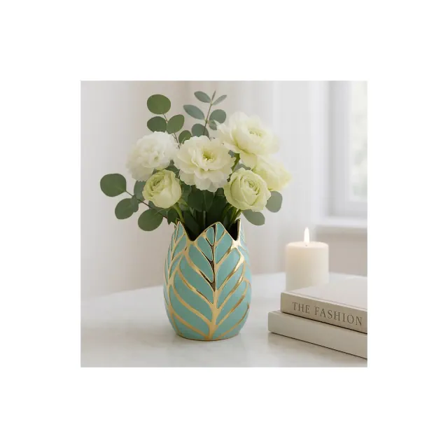 Modern Ceramic Vase for Home Decor - Sculpted Accent Decor for Living Room Decor, Bedroom Accent, Tabletop, or Office Shelf Decor - 8" Green & Gold