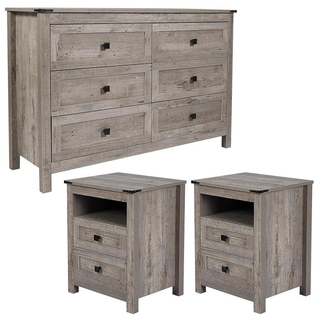 CATMIX Farmhouse 6 Drawers Dresser with 2pcs Nightstands, Wood Double Dresser Chest of Drawers Wide Storage Organizer Cabinet for Bedroom, Living Room, Rustic Grey