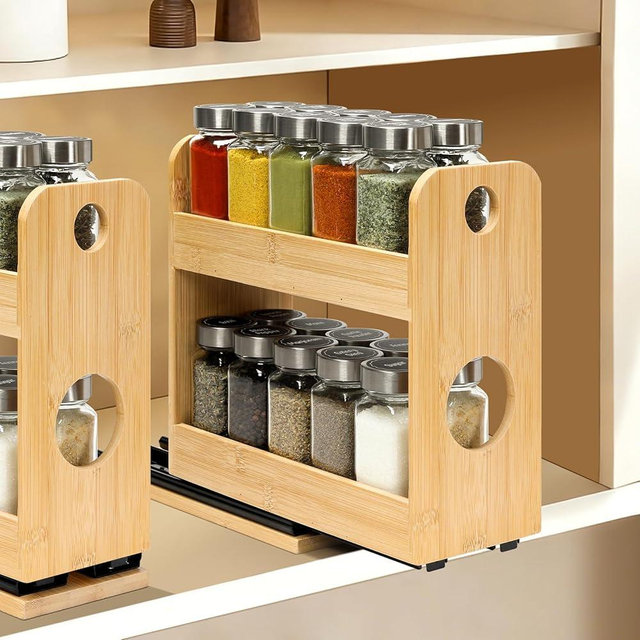 Tfro & Cile Pull Out Spice Rack 2-Tier Vertical Bamboo Organization for Cabinet Slide Out Seasoning Organizer for Kitchen Pantry