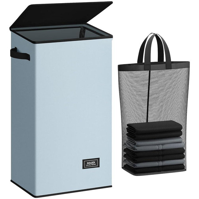 SOLEDI Laundry Hamper with Lid 100L Large & Tall Collapsible Laundry Basket, Clothes Hamper with Bag Removable Easy to Carry, Dirty Hampers for Bedroom, Bathroom, Dorm, College, Blue Grey