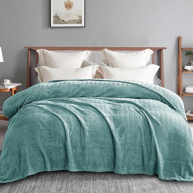 Exclusivo Mezcla Queen Size Jacquard Weave Wave Pattern Flannel Fleece Velvet Plush Bed Blanket as Bedspread/Coverlet/Bed Cover (90" x 90", Celadon) - Soft, Lightweight, Warm and Cozy