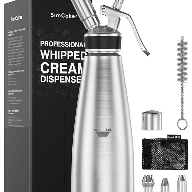 SimCoker Professional Whipped Cream Dispenser,1L Stainless Steel Cream Whipper with 3 Decorating Nozzles 1Brush 1Storage Bag,Whipped Cream Maker without N2O Charger