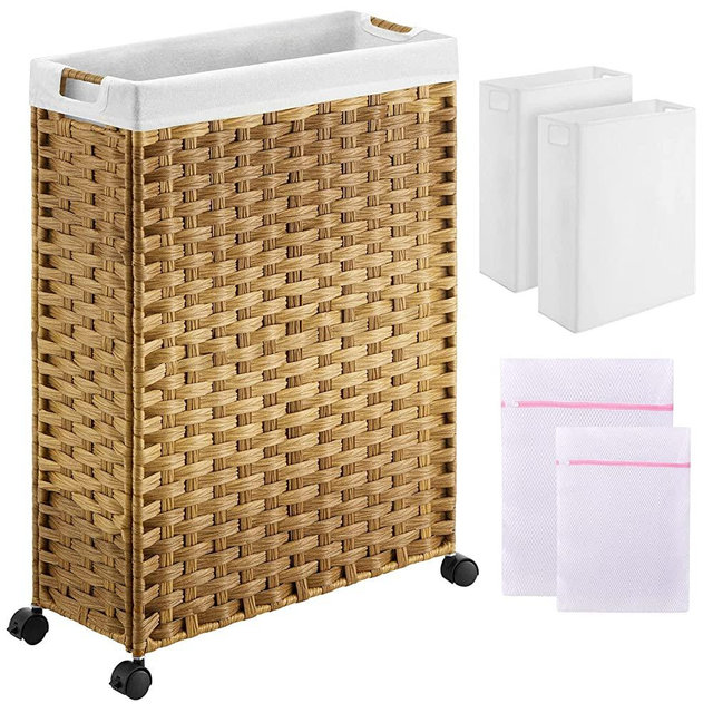 Greenstell Laundry Hamper with Wheels, 26” Slim Laundry Basket with 2 Removable Liner Bags & 2 Mesh Bags, Narrow Dirty Clothes Basket, Handwoven Synthetic Rattan Organizer in Bathroom, Bedroom, Natural