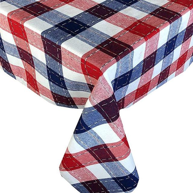 Lintex Americana Patriotic Plaid Cotton Weave Fabric Tablecloth, Red, White and Blue Heavy Weight Indoor/Outdoor Cottage Tablecloth, 60” x 84” Oval