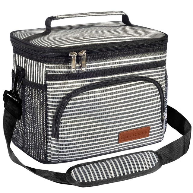 ExtraCharm Insulated Lunch Bag for Women/Men - Reusable Lunch Box for Office Picnic Hiking Beach - Leakproof Cooler Tote Bag Organizer with Adjustable Shoulder Strap for Adults - Stripe